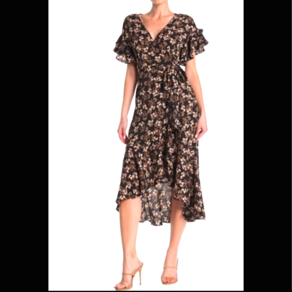 MAX STUDIO Ruffle Crepe High/Low Wrap Midi Dress size L